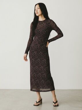 & Other Stories Floral Midi Dress Long Sleeve Fitted Stretch Size 4